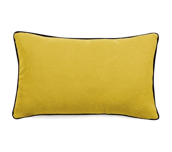 Housse De Coussin Prelude 30x50 Cm Finition Biais Noir Face En Lin Lavé Et Dos En Coton Lavé Jaune