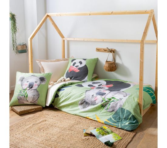 Housse De Couette 140x200 Cm En 100% Percale De Coton Panda Vert