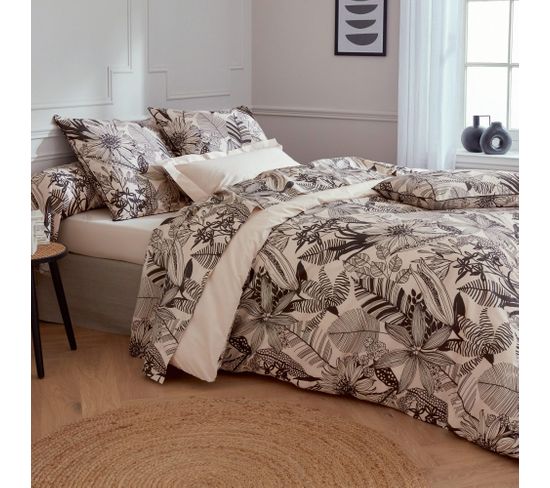 Parure De Lit 140x200 Cm Taie 65x65 Cm Percale De Coton Alba Beige/noir 2 Pièces