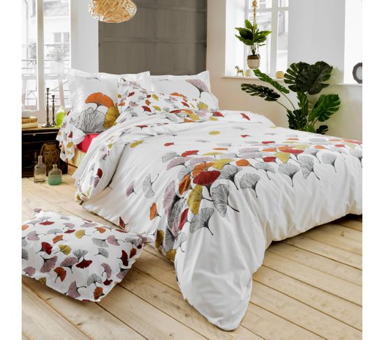 Parure De Lit 200x200 Cm Percale Pur Coton Ginkgo Rose