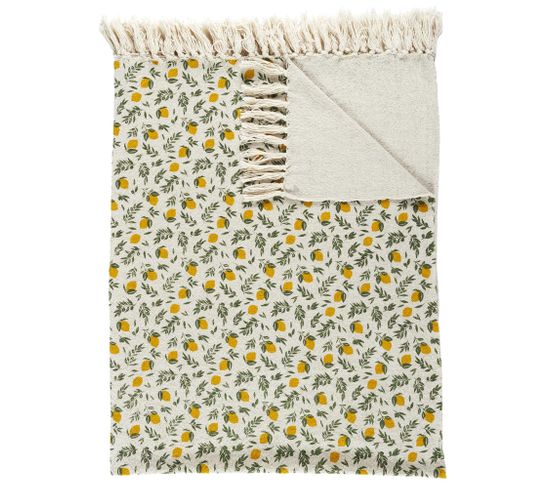 Plaid à Franges Coton 120x150cm Collection Limone Motifs Citrons Jaune