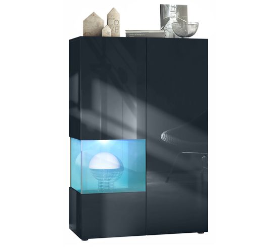 Vitrine Noir Mat Et Brillant Insertion Pétrol Laquée (lxhxp) : 91,5 X 136,5 X 37 Cm + LED Blanc