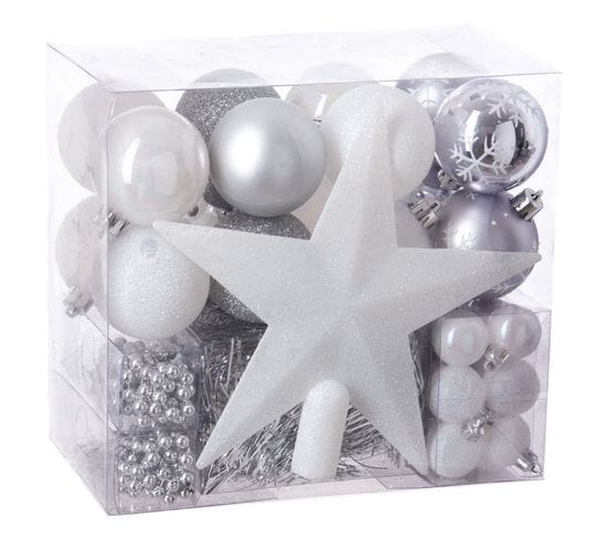 Kit Décoration Pour Sapin De Noël - 44 Pièces - Blanc Et Gris