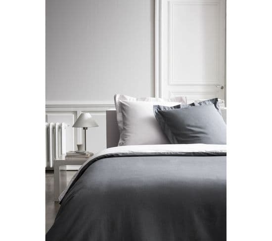 Housse De Couette Et 2 Taies D'oreiller Bicolore - 220 X 240 Cm - Coton Percale - Gris Foncé Et Gris