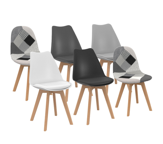 Lot De 6 Chaises Sara Gris Foncé, Gris Clair, Blanc, Noir Et Patchworks Noirs, Gris Et Blancs