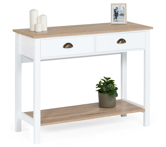 Console 2 Tiroirs Vintage Isis Avec Étagère Bois Et Blanc