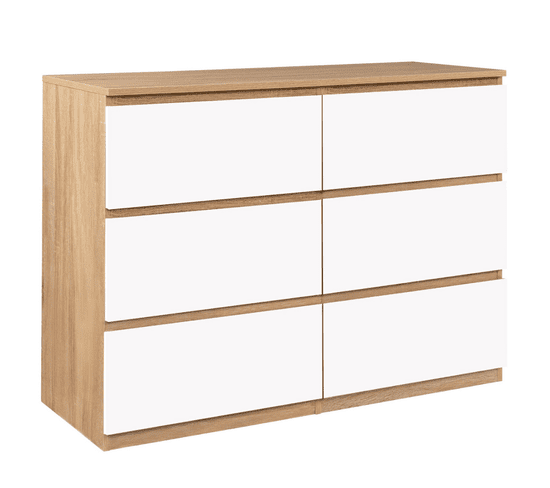 Commode 6 Tiroirs Tomi 110 Cm Bois Façon Hêtre Et Blanc