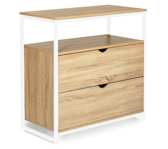 Commode 2 Tiroirs Detroit 80 Cm Design Industriel Avec Étagère Bois Et Métal Blanc