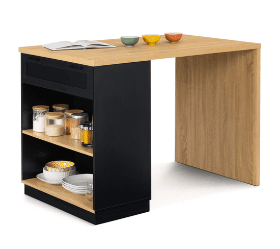 Ilot Central Mange-debout 4 Personnes Vito 130 Cm Noir Et Plateau Bois