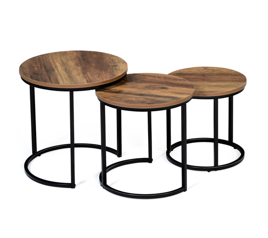 Lot De 3 Tables Basses Gigognes Hawkins Rondes 30/40/45 Bois Foncé Design Industriel