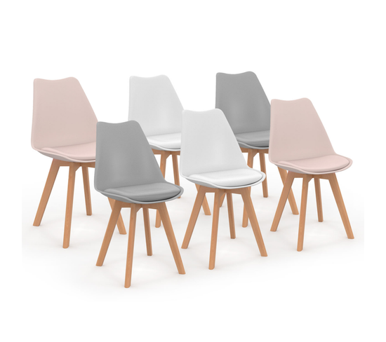 Lot De 6 Chaises Scandinaves Sara Mix Color Pastel Rose X2, Gris Clair X2 Et Blanc X2