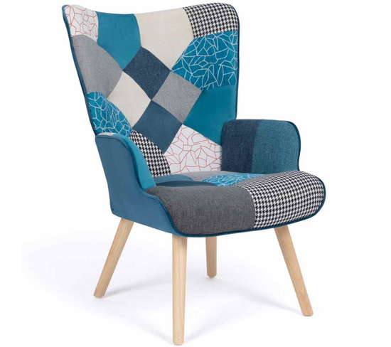 Fauteuil Scandinave Ivar En Tissu Patchwork Et Velours Bleu