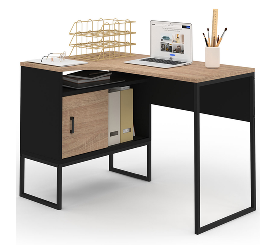 Bureau D'angle Rob Noir Et Façon Hêtre Niche De Rangement Et Porte Design Industriel