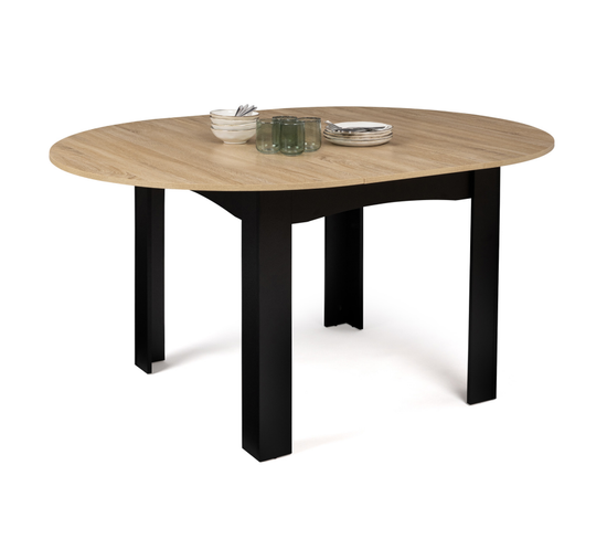 Table à Manger Extensible Ronde Dona 4-6 Personnes Noire Plateau Façon Hêtre 120-160 Cm