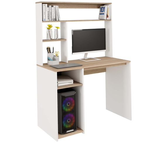 Bureau Avec Étagères De Rangement Dan Blanc Et Façon Hêtre