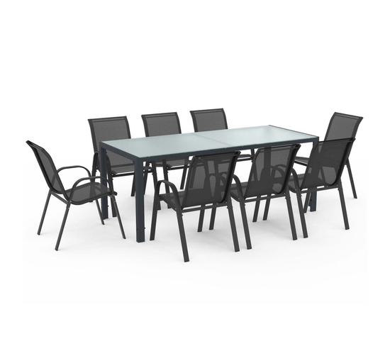 Salon De Jardin Madrid Table 190 Cm Et 8 Chaises Empilables Gris Anthracite Plateau Transparent