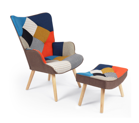 Fauteuil Scandinave Ivar Avec Repose Pieds En Tissu Patchwork Multicouleurs Et Imprimé Pied De Poule