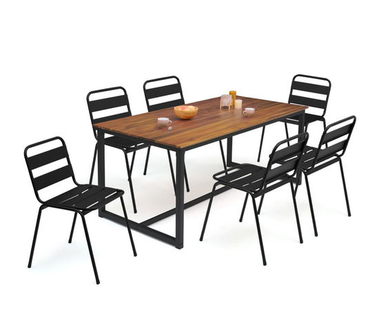 Salon De Jardin Soho Table 150 Cm Acier + Acacia Et 6 Chaises Empilables Noires