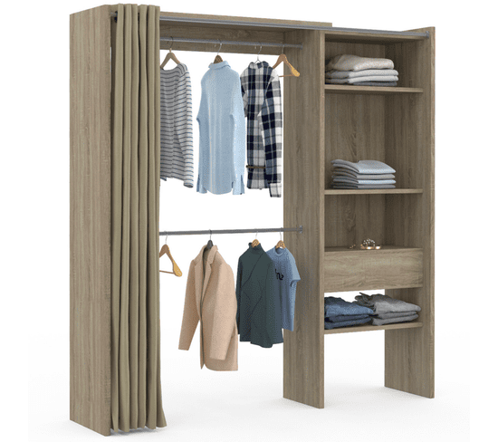 Dressing Extensible Hêtre Marty 120/170 X 50 X 180 Cm Avec Rideau + Double Penderie + Étagères