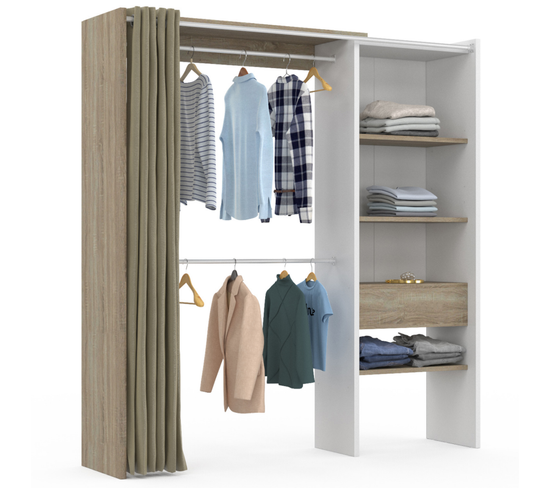 Dressing Extensible Blanc Bois Marty 120/170x50x180cm Avec Rideau + Double Penderie + Étagères