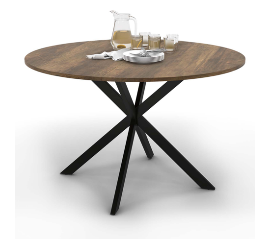 Table à Manger Ronde Alix Plateau Hawkins 4-6 Personnes Pied Araignée Bois Foncé Et Noir 120 Cm