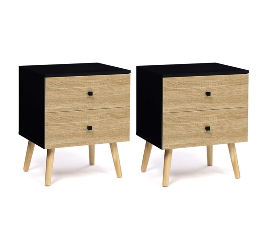 Lot De 2 Tables De Chevet Emmie 2 Tiroirs Scandinaves Noir Et Hêtre