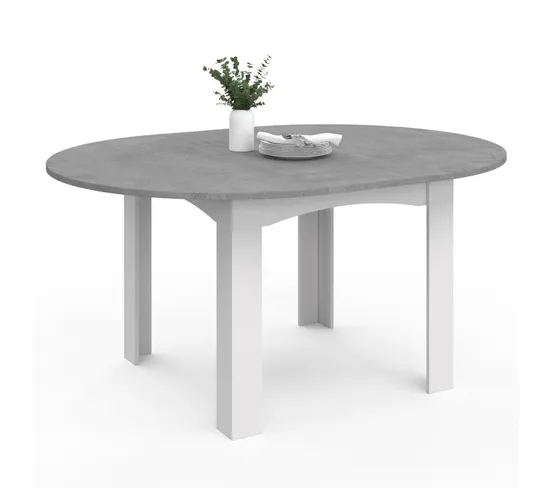 Table à Manger Extensible Ronde Dona 4-6 Personnes Blanc Plateau Effet Béton 120-160 Cm