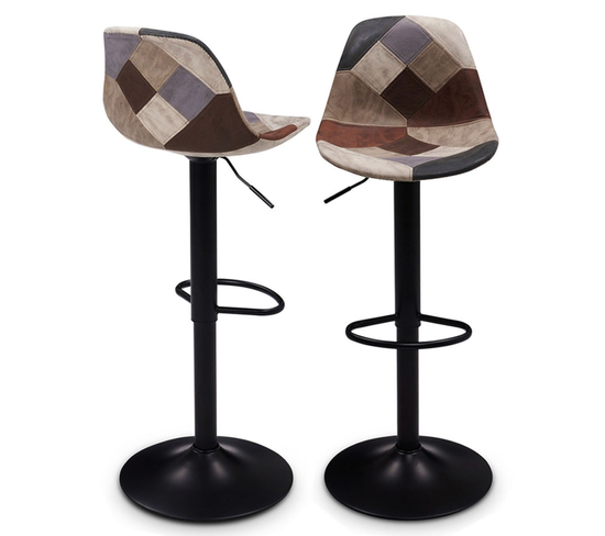 Lot De 2 Tabourets De Bar Karl Design Patchworks Marron, Gris Et Beiges Pied Noir