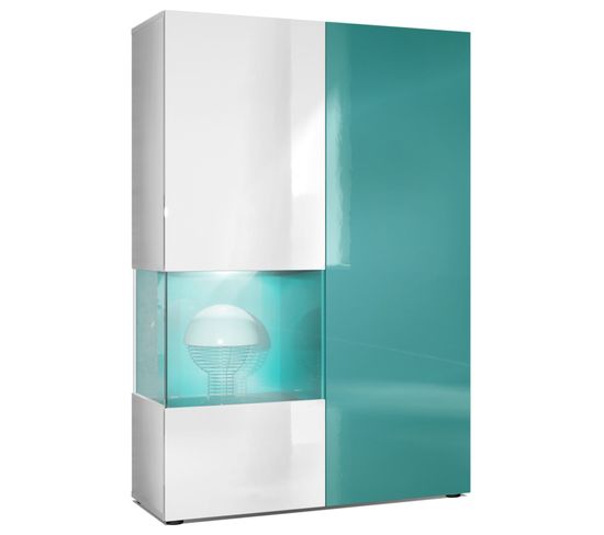 Vitrine Blanc Mat, Brillant Et Pétrol Laqué   (lxhxp) : 91,5 X 136,5 X 37 Cm + LED