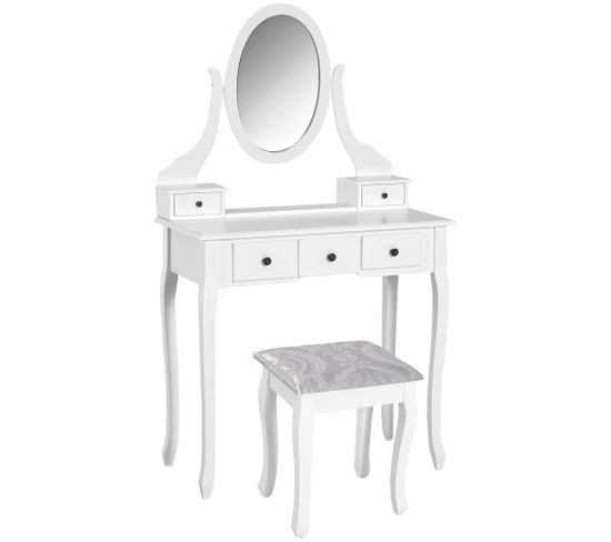 Coiffeuse Et Tabouret Style Baroque 5 Tiroirs Mdf Bois Blanc