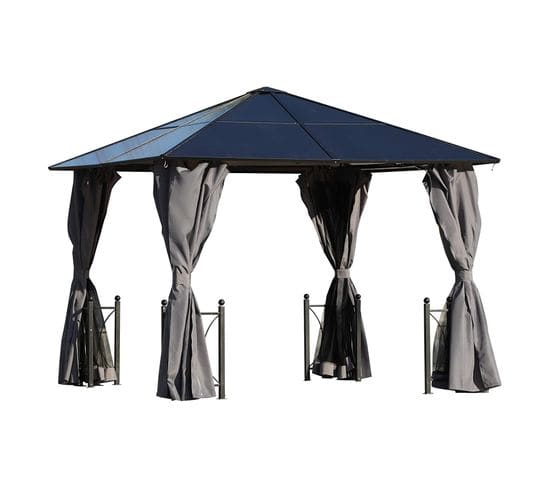 Pavillon De Jardin Tonnelle Rigide Dim. 3l X 3l X 2,63h M Alu Polycarbonate Noir Rideaux Gris