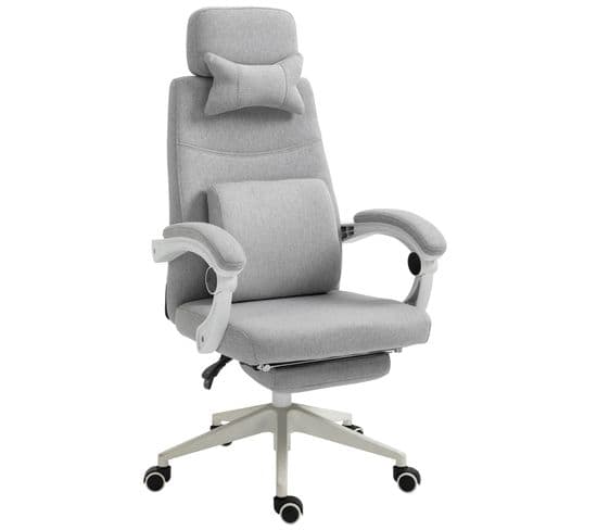 Fauteuil De Bureau Manager Repose-pied Têtière + Coussin Lombaires Intégrés Lin Gris