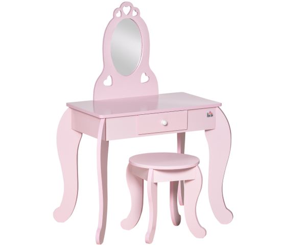 Coiffeuse Enfant Et Tabouret Design Girly Avec Motifs À Cœur Rose