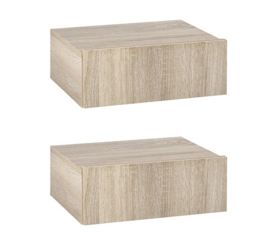 Lot De 2 Chevets Muraux - Tiroir Coulissant, Plateau - Aspect Bois