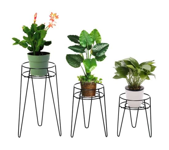 Lot De 3 Supports De Pots De Fleurs Design Épingle Métal Noir