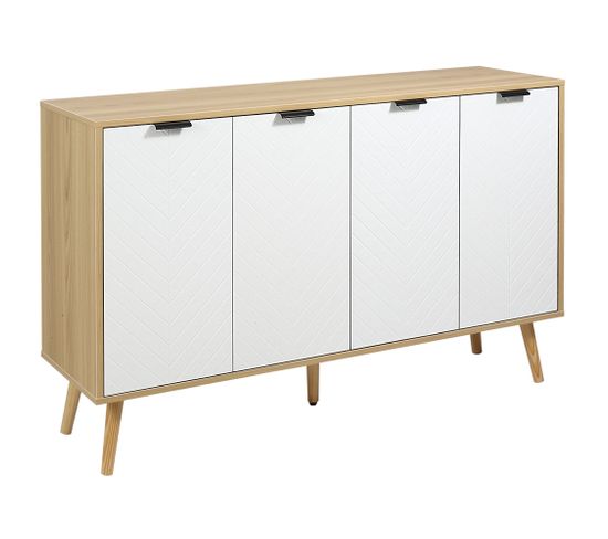 Buffet Scandinave 4 Portes 2 Étagères Bois Pin Portes Chevrons Blanc Bois Clair