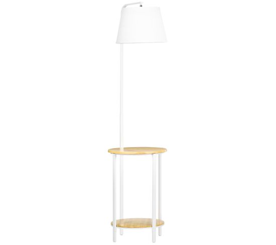 Lampadaire Étagères Design Bambou Verni Métal Tissu Blanc