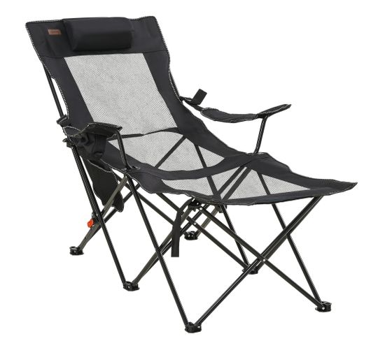 Chaise De Camping Pliable Réglable - Repose-pied, Sac Transport - Noir