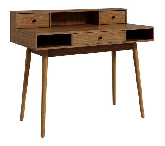 Bureau Design Vintage Avec Rangements 3 Tiroirs 3 Niches Aspect Noyer