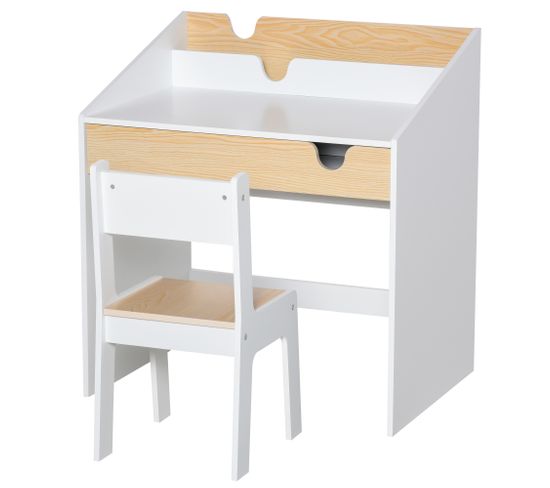 Bureau Enfant Et Tabouret Style Scandinave Blanc Aspect Bois De Pin