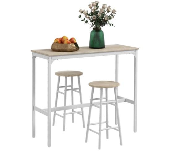 Ensemble table haute et 2 tabourets de bar assortis - Acier Blanc Aspect Bois Blanc