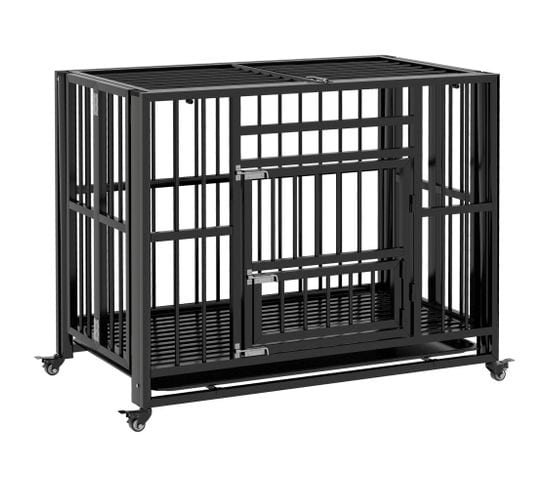 Cage Pour Chien Animaux Sur Roulettes Pliable 3 Portes Plateau Acier Noir