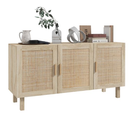 Buffet 3 Portes Style Bohème Aspect Bois Clair Cannage Rotin