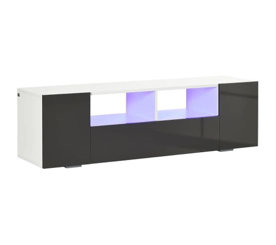 Meuble TV Banc TV LED 2 Étagères Placards Blanc Gris Laqué