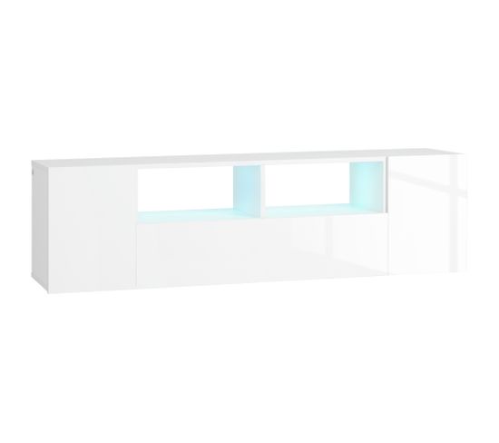 Meuble TV Banc TV LED 2 Étagères Placards Blanc Laqué