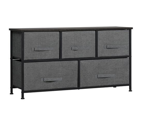 Commode 5 Tiroirs Non-tissés Anthracite Métal Noir Plateau Mdf Aspect Bois