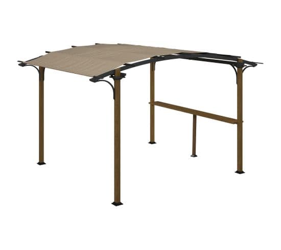 Pergola Avec Comptoir Toit Arche Alu Acier 4x2.6m Aspect Bois Noir Toile Grège