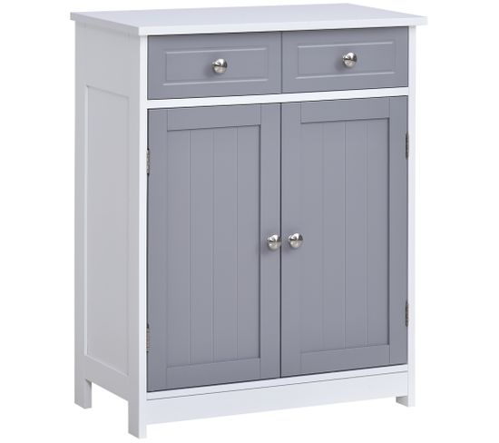 Meuble Bas Salle De Bain - 2 Portes, 2 Tiroirs, Étagère - Mdf Blanc Gris