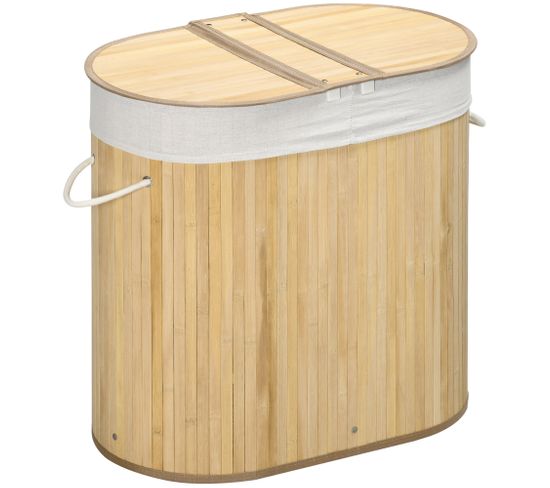 Panier à Linge 100 L 2 Compartiments Bambou Housse Tissu