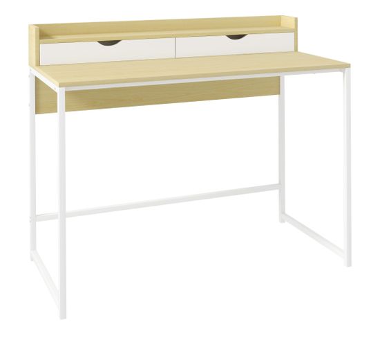 Bureau Secrétaire Style Contemporain - 2 Tiroirs, Étagère - Acier Blanc Aspect Bois Clair